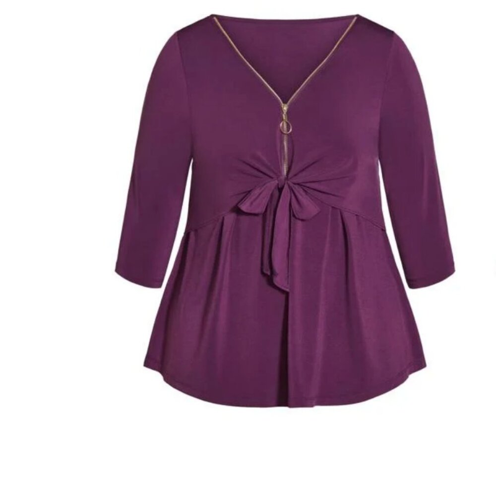Evans Purple Zip Front Tie Detail Top
